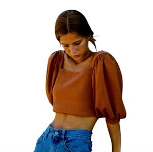 Oak + Fort Terracotta Tan Cotton Crop Top Square Neck Puff Half Sleeve size L